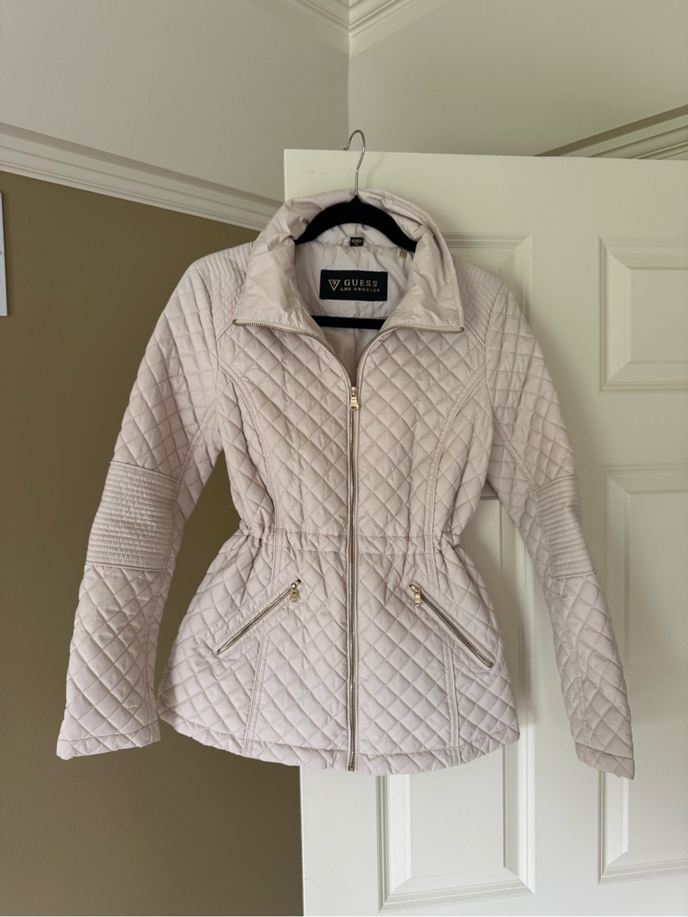 GUESS Beige Cinched-Waist Lightweight Puffer Jacket
